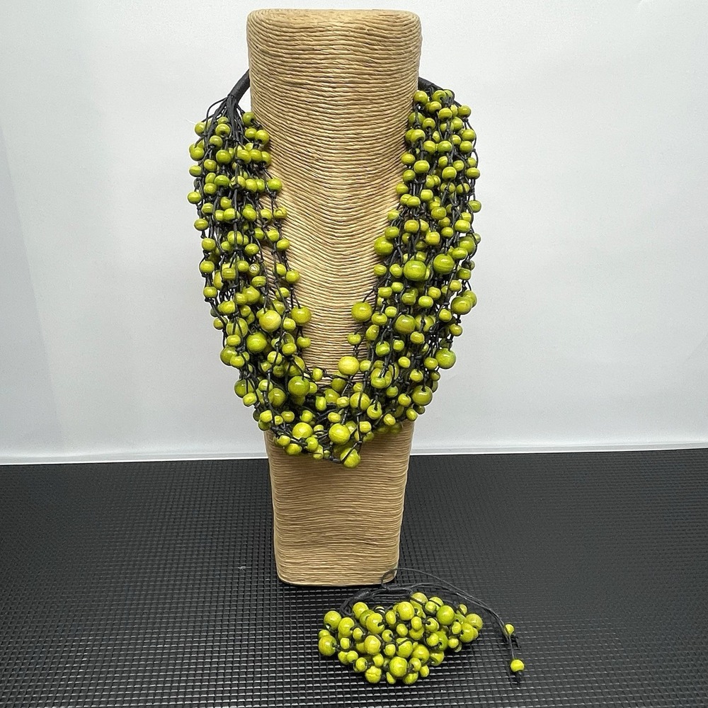 Bohemian‎ Wooden Bead Necklace & Bracelet Set Multi Strand Chunky Lime Green